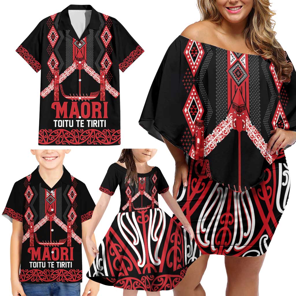 Toitu Te Tiriti Waitangi Family Matching Off Shoulder Short Dress and Hawaiian Shirt Black Wharenui House LT9 - Polynesian Pride
