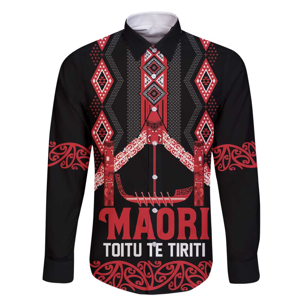 Toitu Te Tiriti Waitangi Family Matching Short Sleeve Bodycon Dress and Hawaiian Shirt Black Wharenui House LT9 Dad's Shirt - Long Sleeve Black - Polynesian Pride