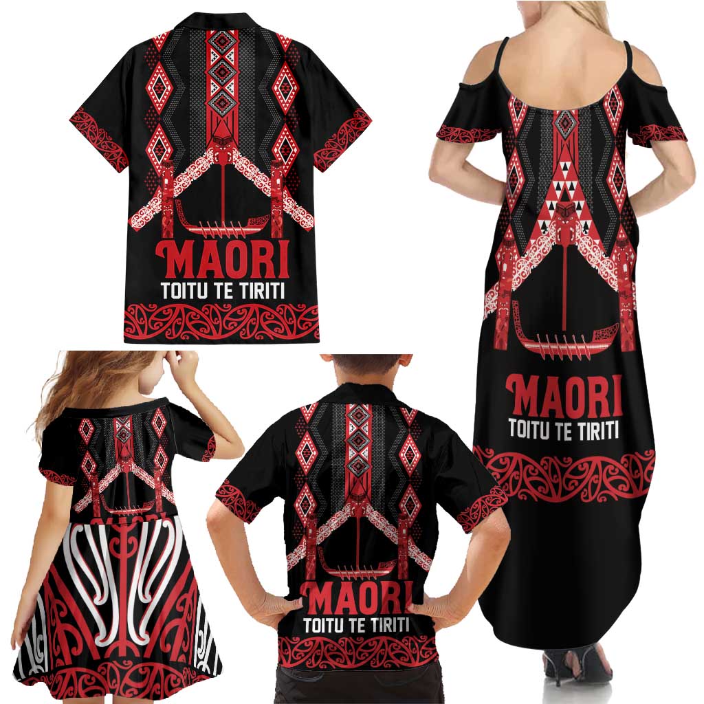 Toitu Te Tiriti Waitangi Family Matching Summer Maxi Dress and Hawaiian Shirt Black Wharenui House LT9 - Polynesian Pride