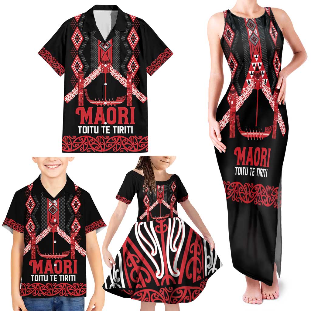 Toitu Te Tiriti Waitangi Family Matching Tank Maxi Dress and Hawaiian Shirt Black Wharenui House LT9 - Polynesian Pride