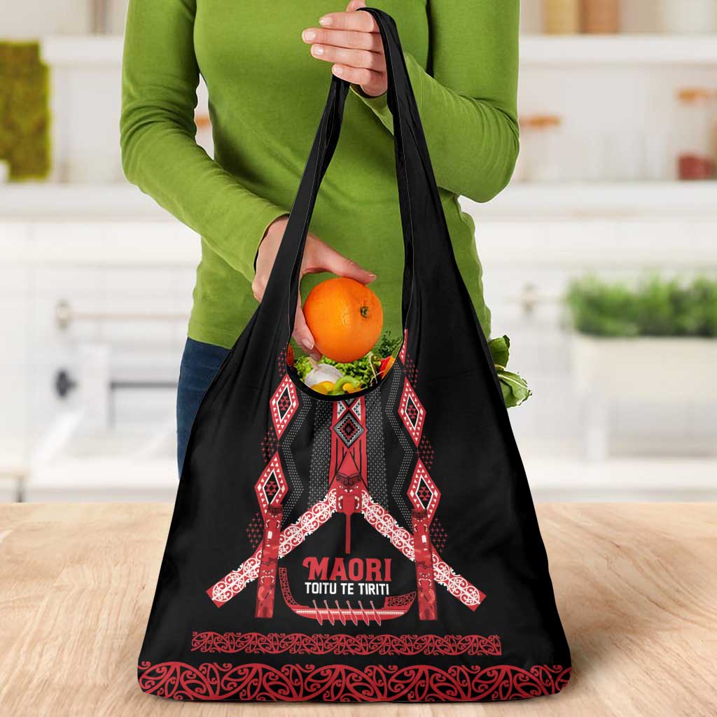 Toitu Te Tiriti Waitangi Grocery Bag Black Wharenui House - Polynesian Pride