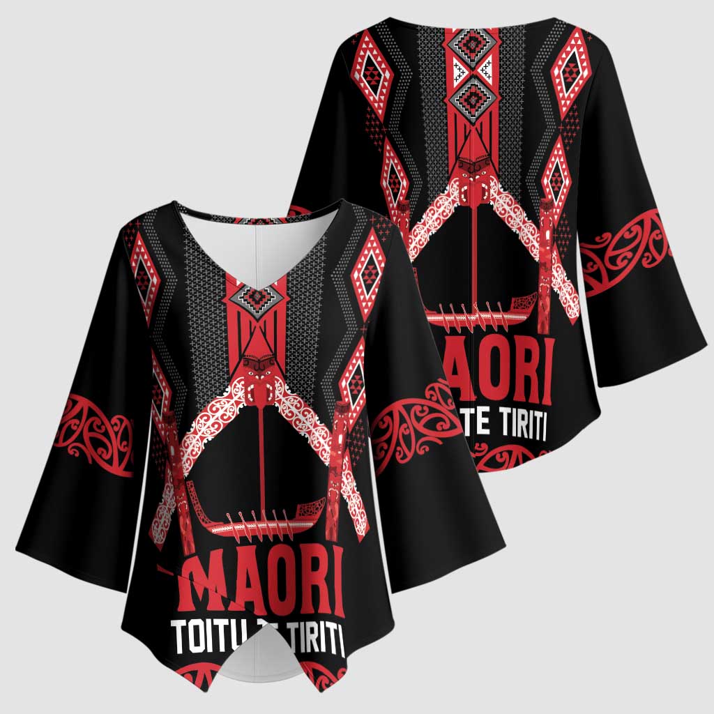 Toitu Te Tiriti Waitangi Kimono Sleeve Blouse Black Wharenui House LT9 - Polynesian Pride