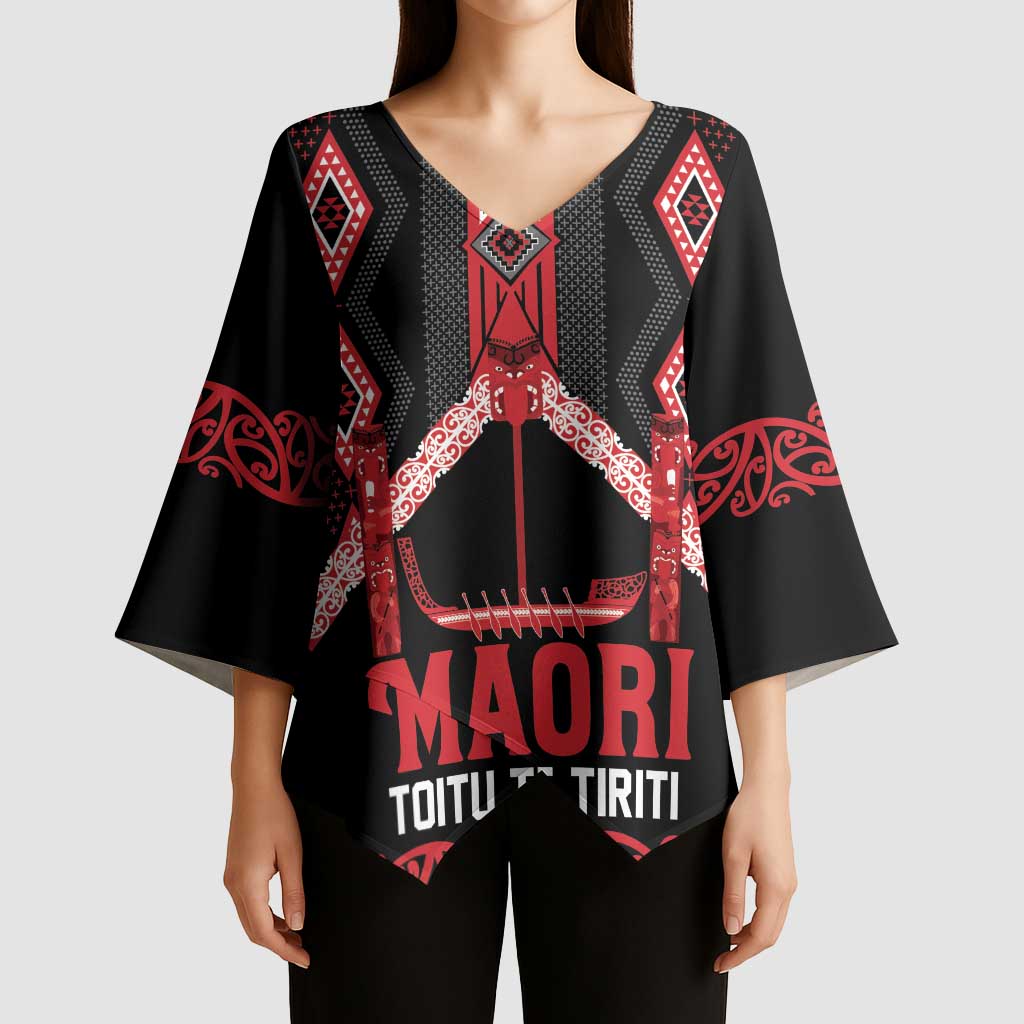 Toitu Te Tiriti Waitangi Kimono Sleeve Blouse Black Wharenui House LT9 - Polynesian Pride