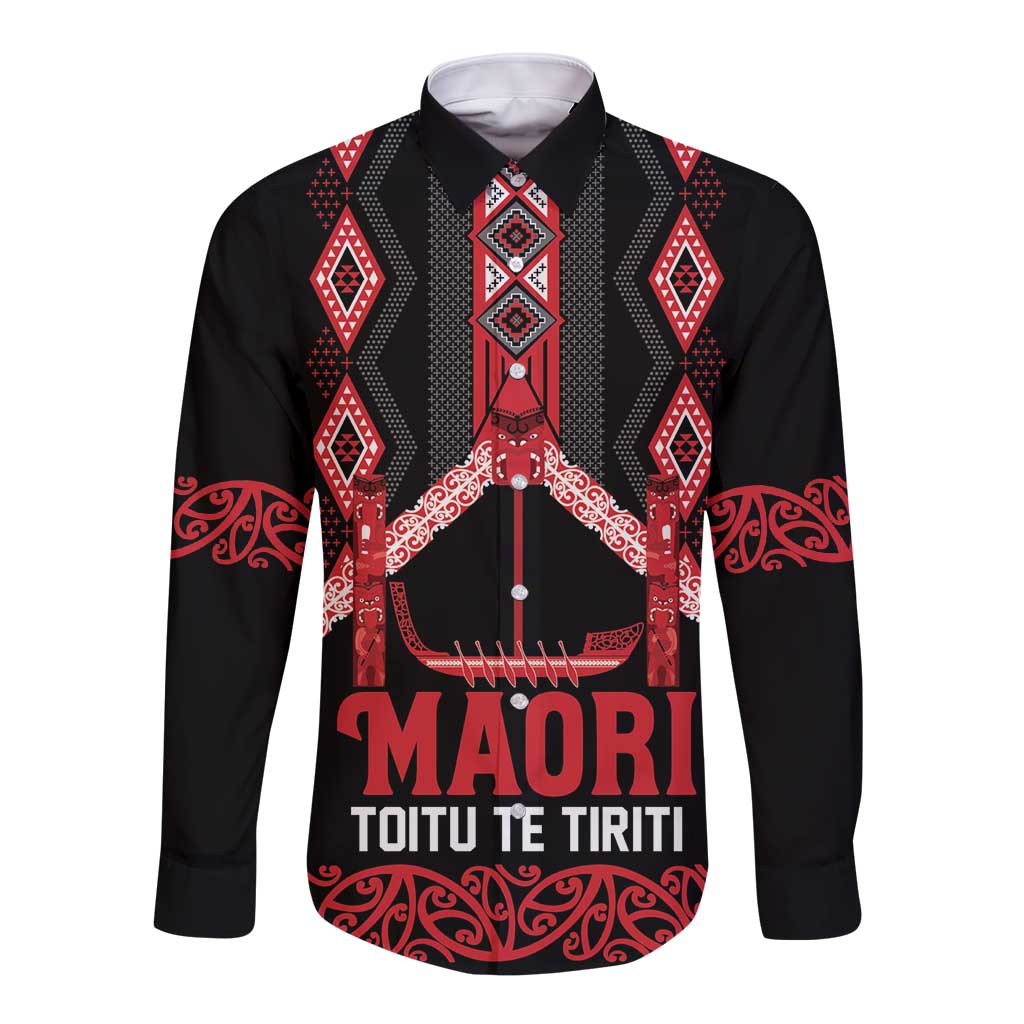 Toitu Te Tiriti Waitangi Long Sleeve Button Shirt Black Wharenui House LT9 Unisex Black - Polynesian Pride