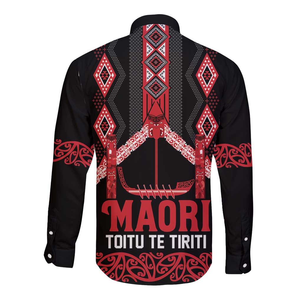 Toitu Te Tiriti Waitangi Long Sleeve Button Shirt Black Wharenui House LT9 - Polynesian Pride