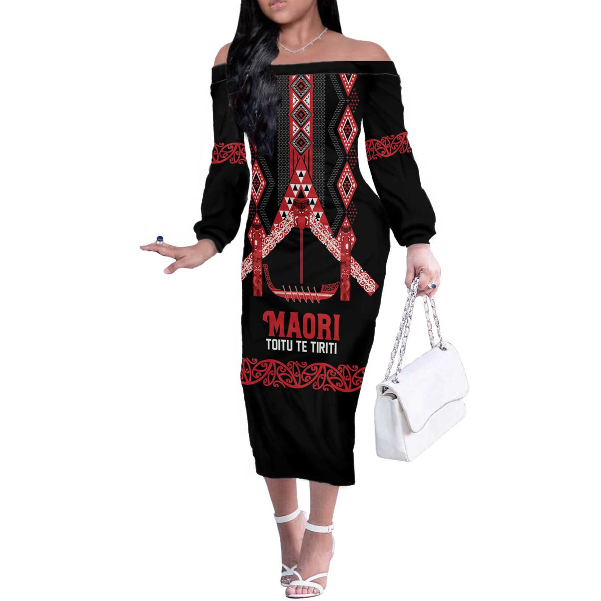 Toitu Te Tiriti Waitangi Off The Shoulder Long Sleeve Dress Black Wharenui House LT9 Women Black - Polynesian Pride