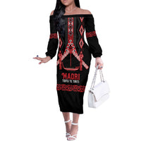 Toitu Te Tiriti Waitangi Off The Shoulder Long Sleeve Dress Black Wharenui House LT9 Women Black - Polynesian Pride