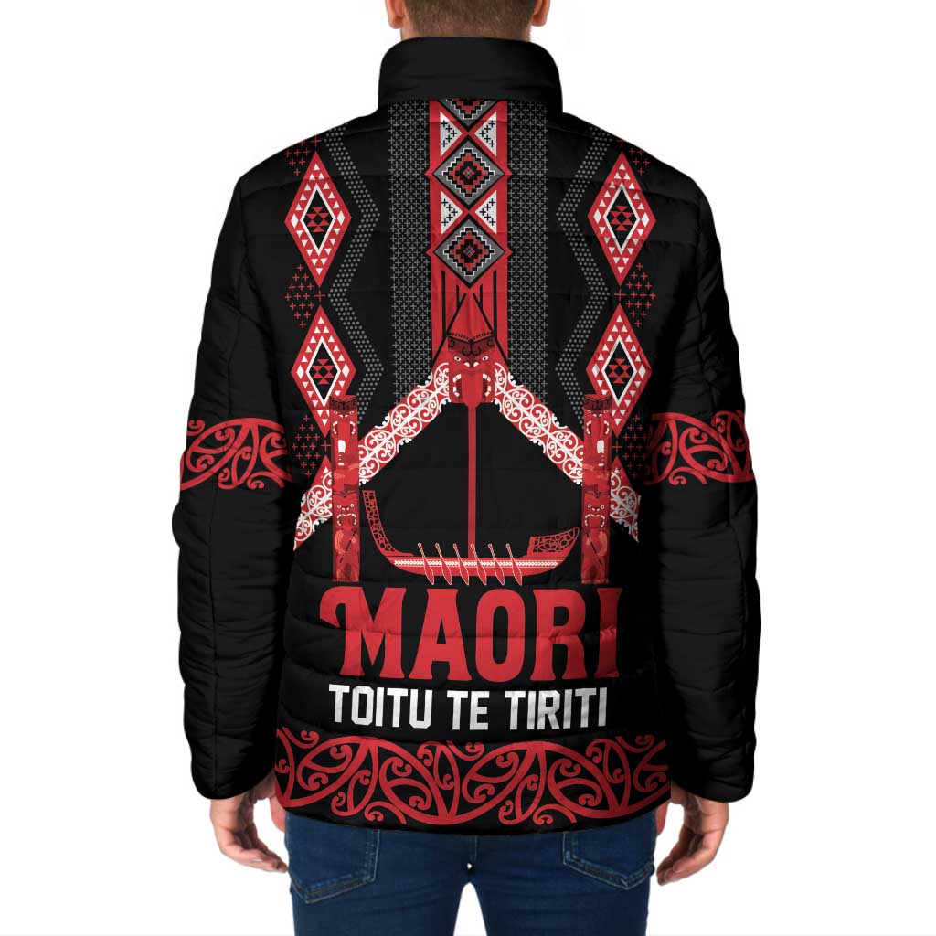 Toitu Te Tiriti Waitangi Padded Jacket Black Wharenui House - Polynesian Pride