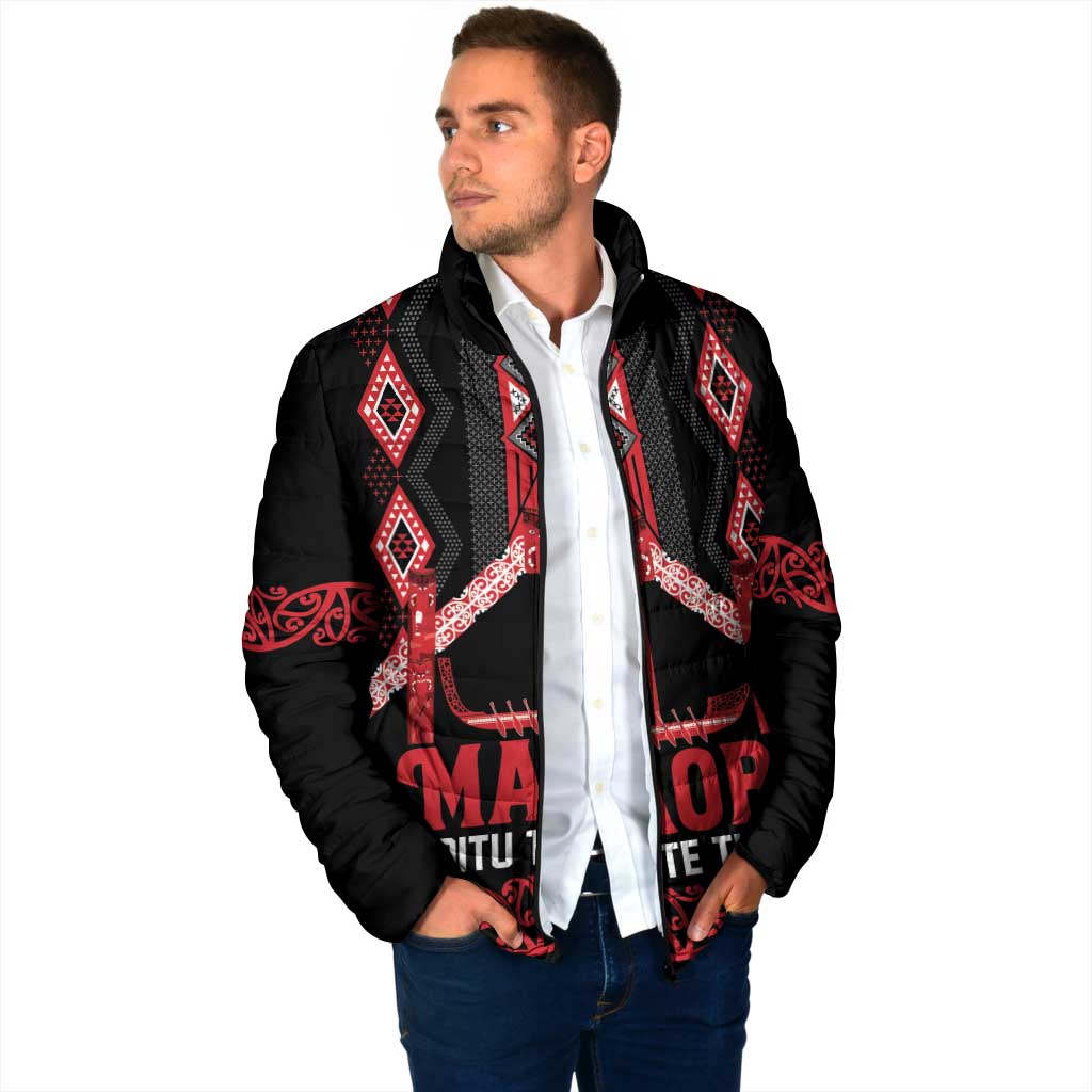 Toitu Te Tiriti Waitangi Padded Jacket Black Wharenui House - Polynesian Pride