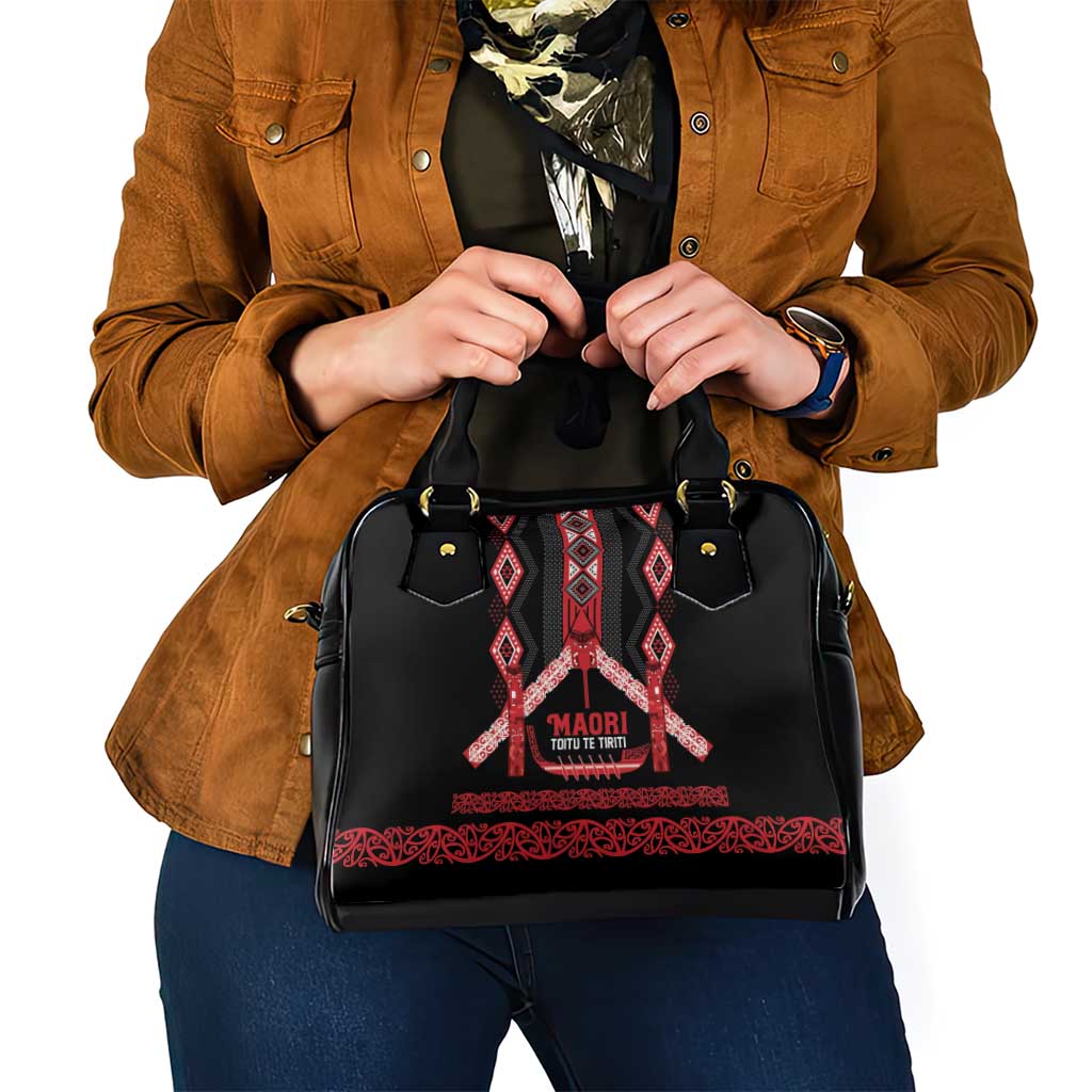 Toitu Te Tiriti Waitangi Shoulder Handbag Black Wharenui House - Polynesian Pride
