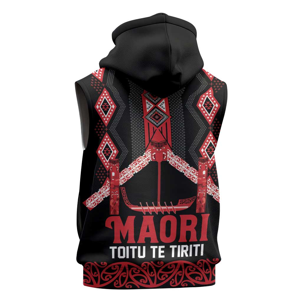 Toitu Te Tiriti Waitangi Sleeveless Hoodie Black Wharenui House - Polynesian Pride
