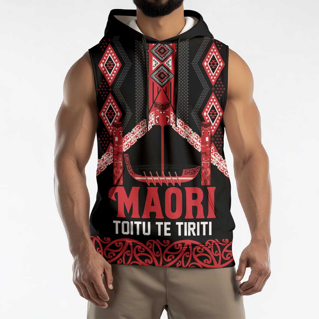 Toitu Te Tiriti Waitangi Sleeveless Hoodie Black Wharenui House - Polynesian Pride