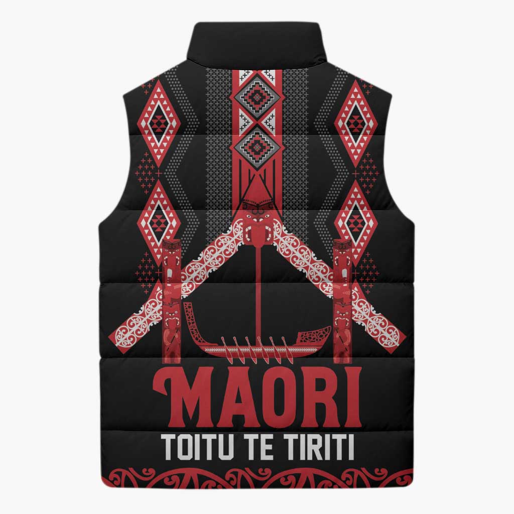 Toitu Te Tiriti Waitangi Sleeveless Puffer Jacket Black Wharenui House LT9 - Polynesian Pride