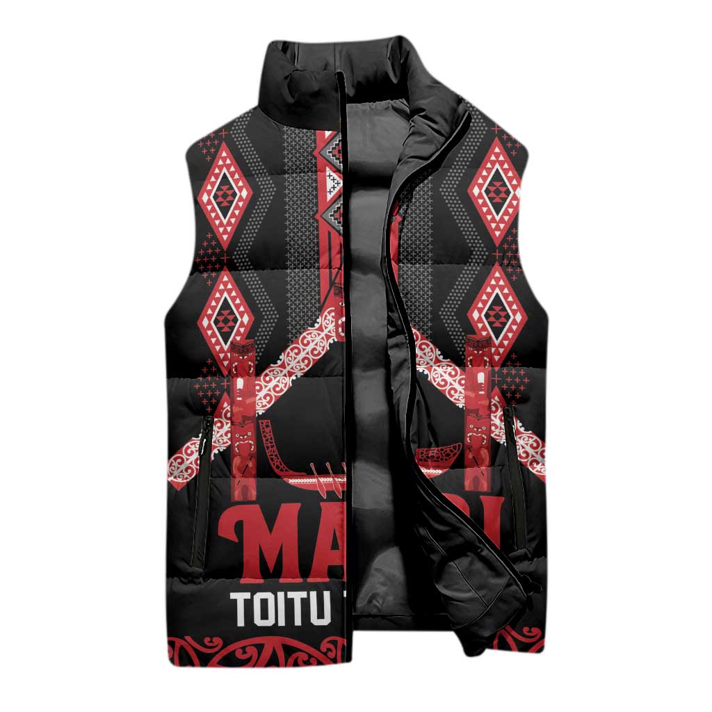Toitu Te Tiriti Waitangi Sleeveless Puffer Jacket Black Wharenui House LT9 - Polynesian Pride