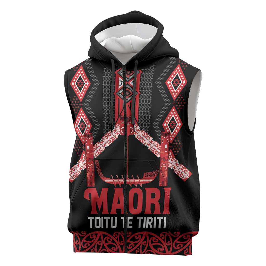 Toitu Te Tiriti Waitangi Sleeveless Zip Hoodie Black Wharenui House - Polynesian Pride