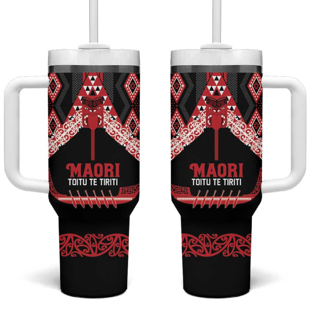 Toitu Te Tiriti Waitangi Tumbler With Handle Black Wharenui House LT9 One Size: 40 oz Black - Polynesian Pride