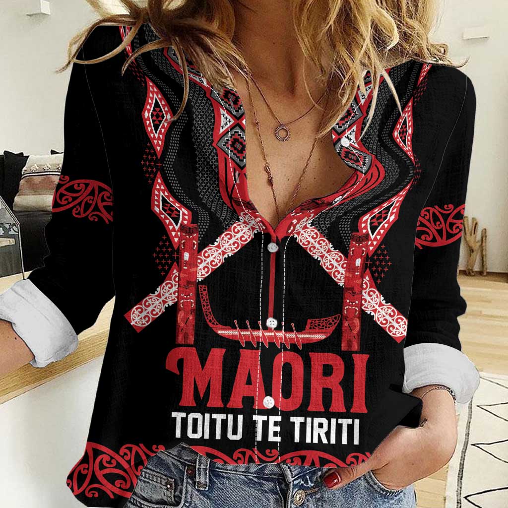 Toitu Te Tiriti Waitangi Women Casual Shirt Black Wharenui House LT9 Female Black - Polynesian Pride