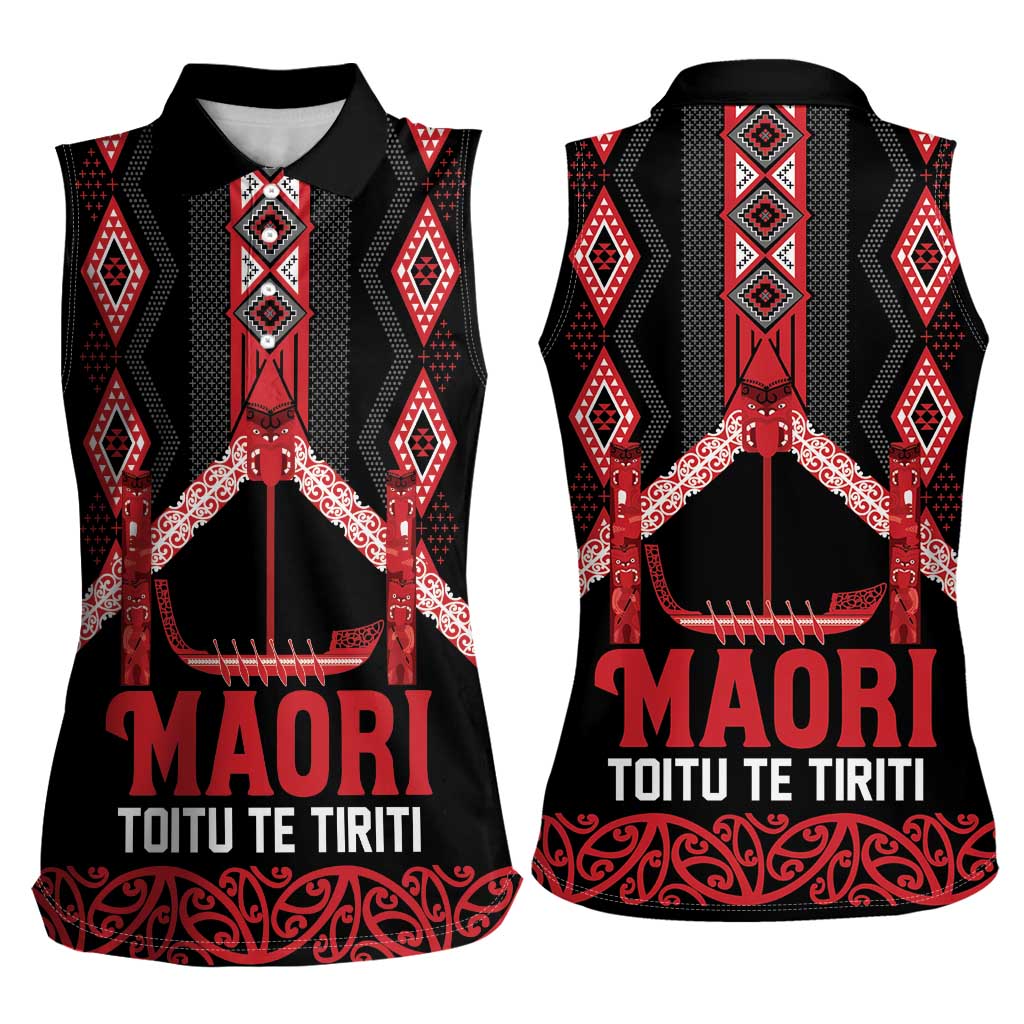 Toitu Te Tiriti Waitangi Women Sleeveless Polo Shirt Black Wharenui House LT9 - Polynesian Pride