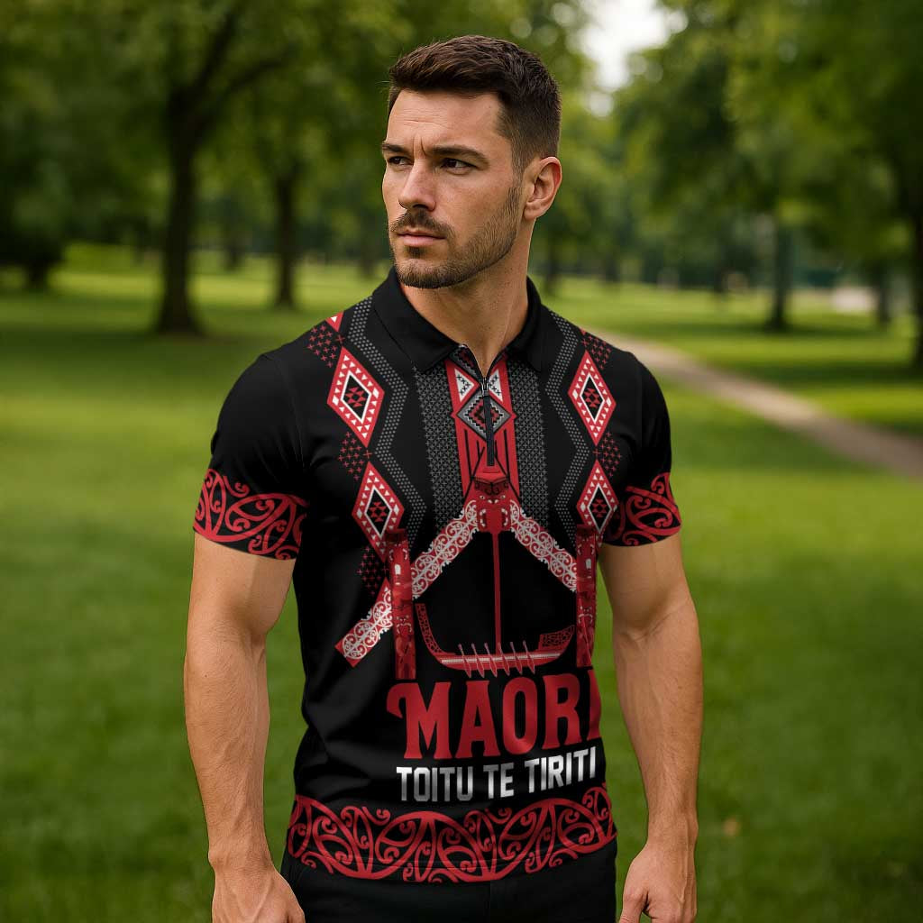 Toitu Te Tiriti Waitangi Zipper Polo Shirt Black Wharenui House - Polynesian Pride