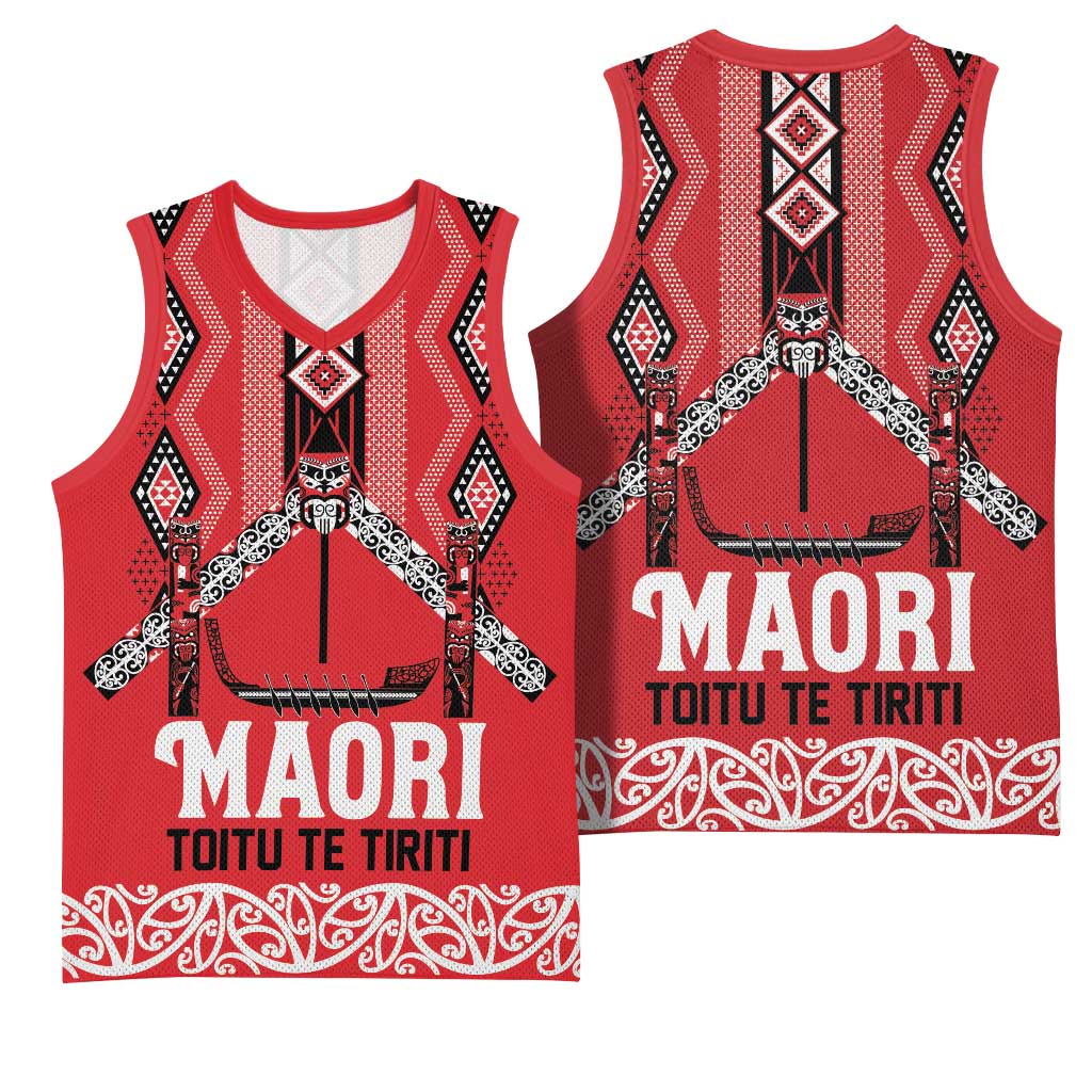Toitu Te Tiriti Waitangi Basketball Jersey Red Wharenui House - Polynesian Pride