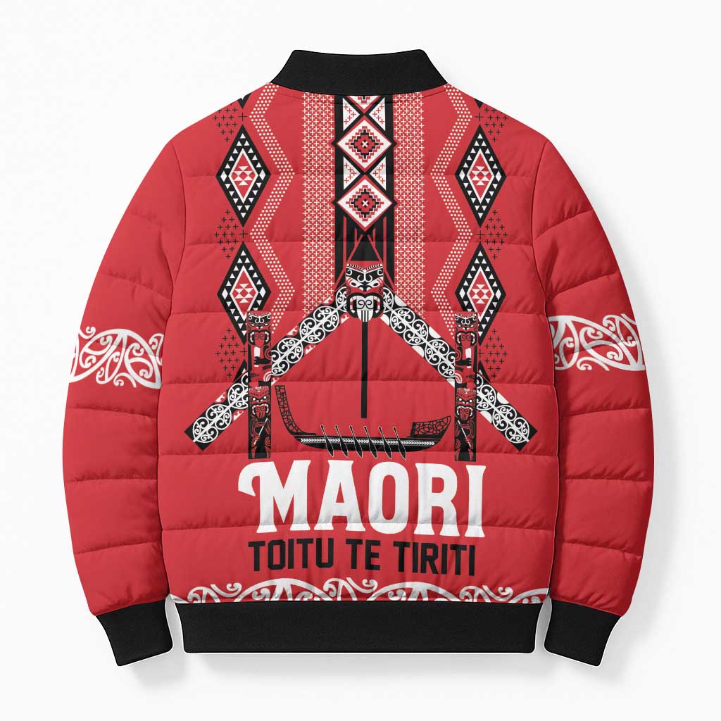 Toitu Te Tiriti Waitangi Bomber Puffer Jacket Red Wharenui House - Polynesian Pride