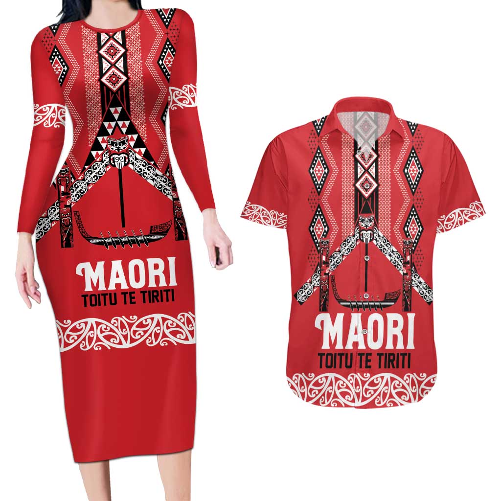 Toitu Te Tiriti Waitangi Couples Matching Long Sleeve Bodycon Dress and Hawaiian Shirt Red Wharenui House LT9 Red - Polynesian Pride