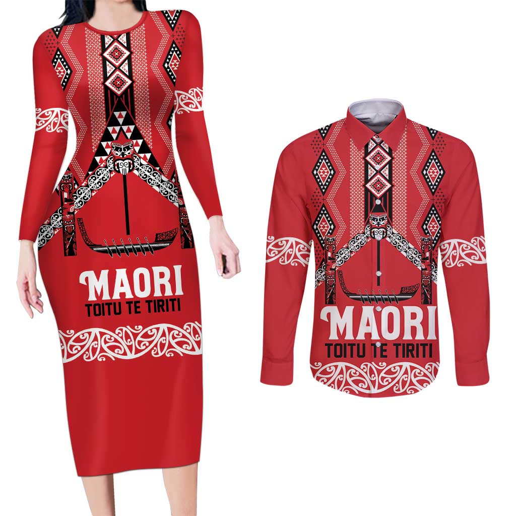 Toitu Te Tiriti Waitangi Couples Matching Long Sleeve Bodycon Dress and Long Sleeve Button Shirt Red Wharenui House LT9 Red - Polynesian Pride