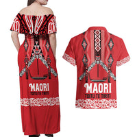 Toitu Te Tiriti Waitangi Couples Matching Off Shoulder Maxi Dress and Hawaiian Shirt Red Wharenui House LT9 - Polynesian Pride