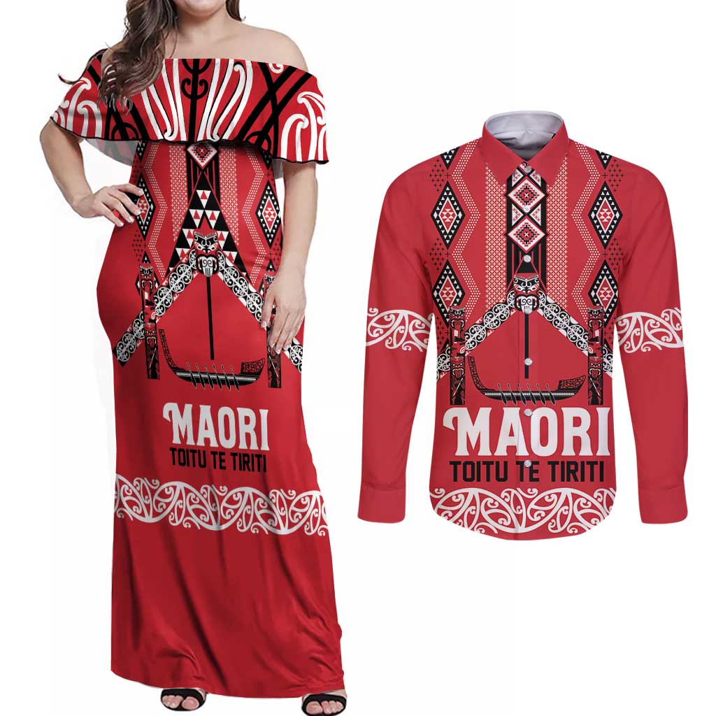 Toitu Te Tiriti Waitangi Couples Matching Off Shoulder Maxi Dress and Long Sleeve Button Shirt Red Wharenui House - Polynesian Pride