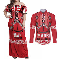Toitu Te Tiriti Waitangi Couples Matching Off Shoulder Maxi Dress and Long Sleeve Button Shirt Red Wharenui House LT9 Red - Polynesian Pride