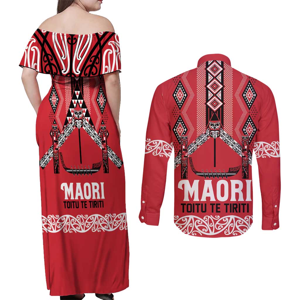 Toitu Te Tiriti Waitangi Couples Matching Off Shoulder Maxi Dress and Long Sleeve Button Shirt Red Wharenui House LT9 - Polynesian Pride