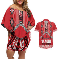 Toitu Te Tiriti Waitangi Couples Matching Off Shoulder Short Dress and Hawaiian Shirt Red Wharenui House LT9 Red - Polynesian Pride