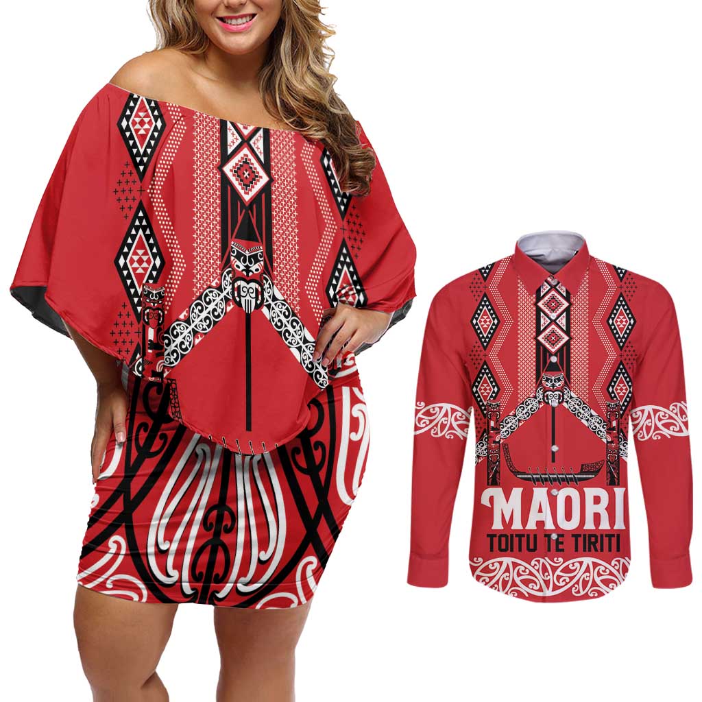 Toitu Te Tiriti Waitangi Couples Matching Off Shoulder Short Dress and Long Sleeve Button Shirt Red Wharenui House LT9 Red - Polynesian Pride