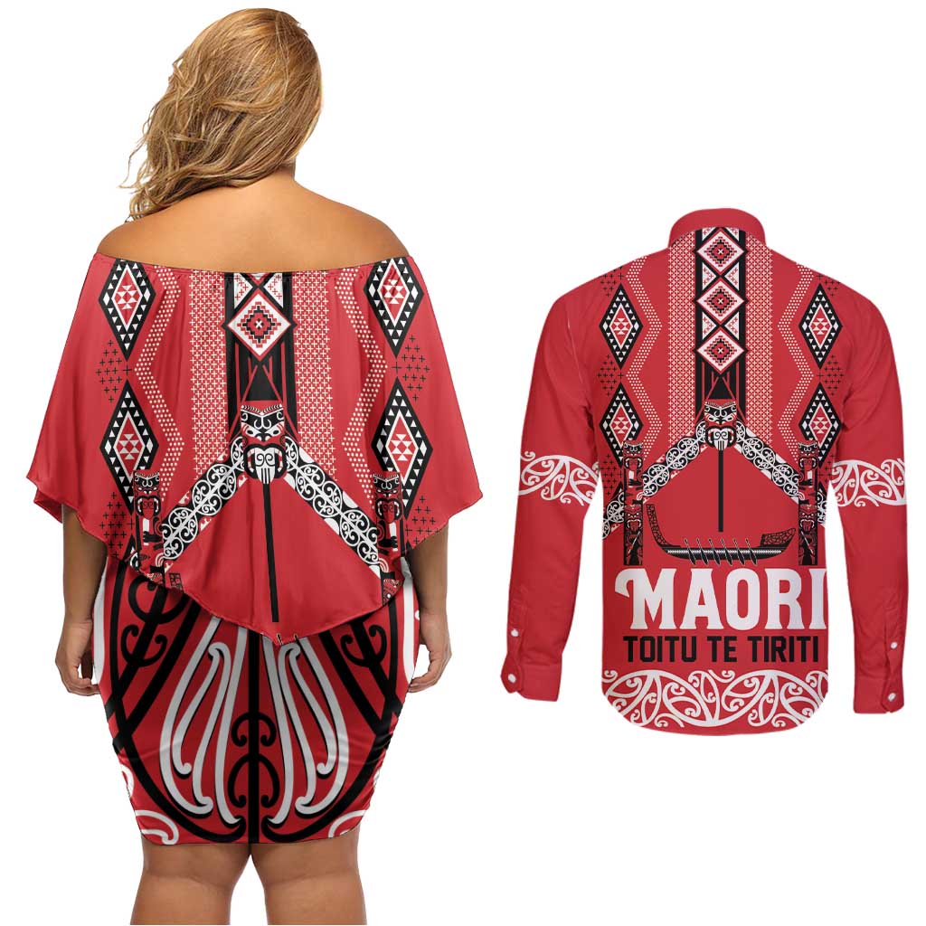 Toitu Te Tiriti Waitangi Couples Matching Off Shoulder Short Dress and Long Sleeve Button Shirt Red Wharenui House LT9 - Polynesian Pride