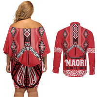 Toitu Te Tiriti Waitangi Couples Matching Off Shoulder Short Dress and Long Sleeve Button Shirt Red Wharenui House LT9 - Polynesian Pride