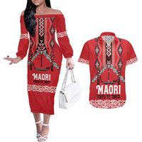 Toitu Te Tiriti Waitangi Couples Matching Off The Shoulder Long Sleeve Dress and Hawaiian Shirt Red Wharenui House LT9 Red - Polynesian Pride