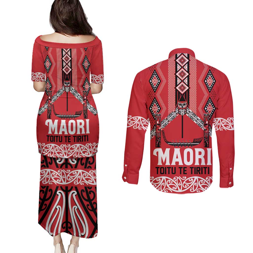 Toitu Te Tiriti Waitangi Couples Matching Puletasi and Long Sleeve Button Shirt Red Wharenui House LT9 - Polynesian Pride