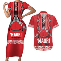 Toitu Te Tiriti Waitangi Couples Matching Short Sleeve Bodycon Dress and Hawaiian Shirt Red Wharenui House LT9 Red - Polynesian Pride