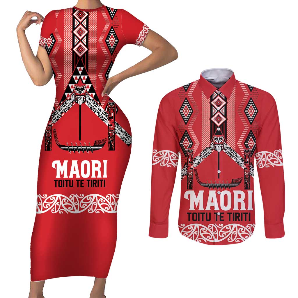 Toitu Te Tiriti Waitangi Couples Matching Short Sleeve Bodycon Dress and Long Sleeve Button Shirt Red Wharenui House LT9 Red - Polynesian Pride
