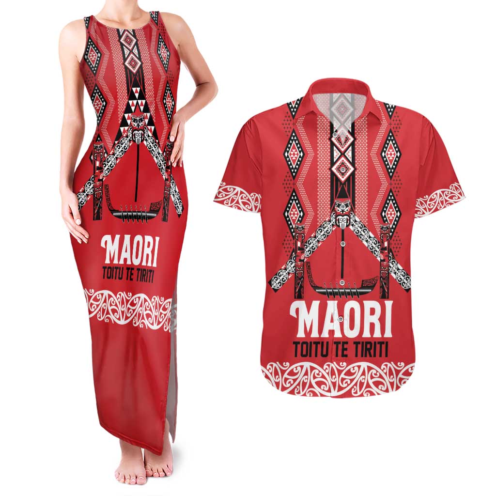 Toitu Te Tiriti Waitangi Couples Matching Tank Maxi Dress and Hawaiian Shirt Red Wharenui House LT9 Red - Polynesian Pride