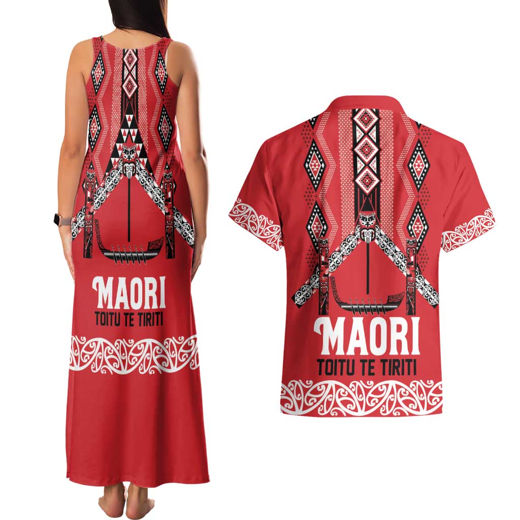 Toitu Te Tiriti Waitangi Couples Matching Tank Maxi Dress and Hawaiian Shirt Red Wharenui House LT9 - Polynesian Pride