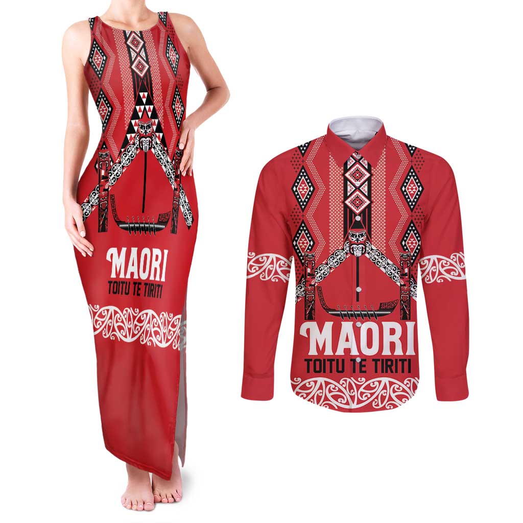 Toitu Te Tiriti Waitangi Couples Matching Tank Maxi Dress and Long Sleeve Button Shirt Red Wharenui House LT9 Red - Polynesian Pride