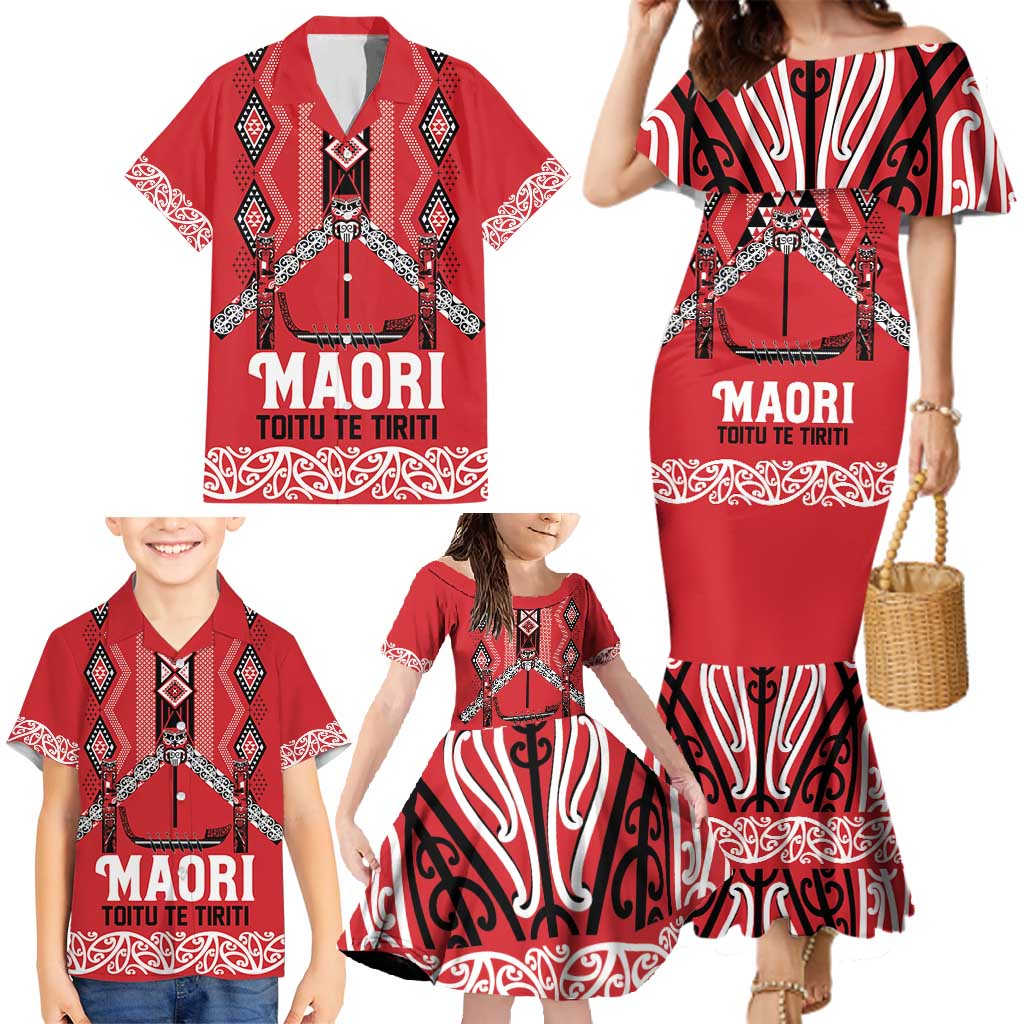 Toitu Te Tiriti Waitangi Family Matching Mermaid Dress and Hawaiian Shirt Red Wharenui House - Polynesian Pride