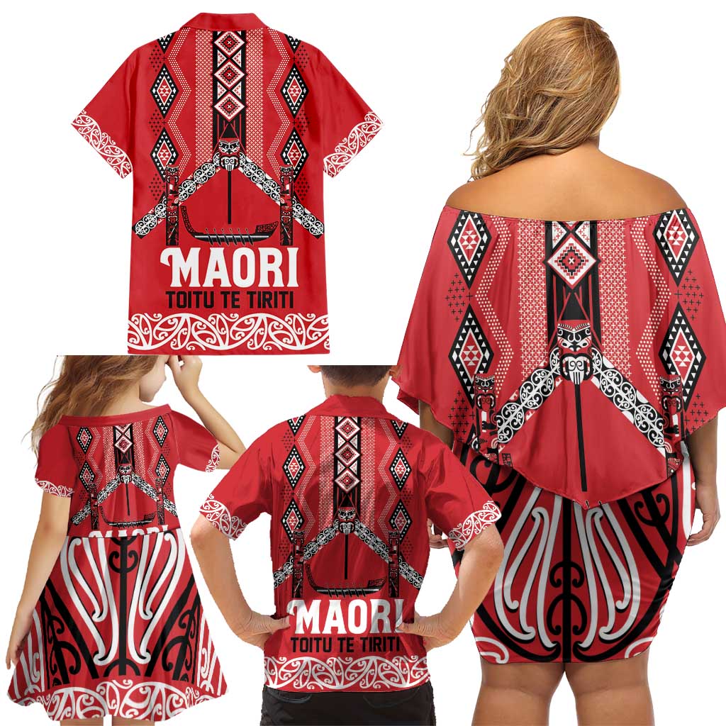 Toitu Te Tiriti Waitangi Family Matching Off Shoulder Short Dress and Hawaiian Shirt Red Wharenui House LT9 - Polynesian Pride