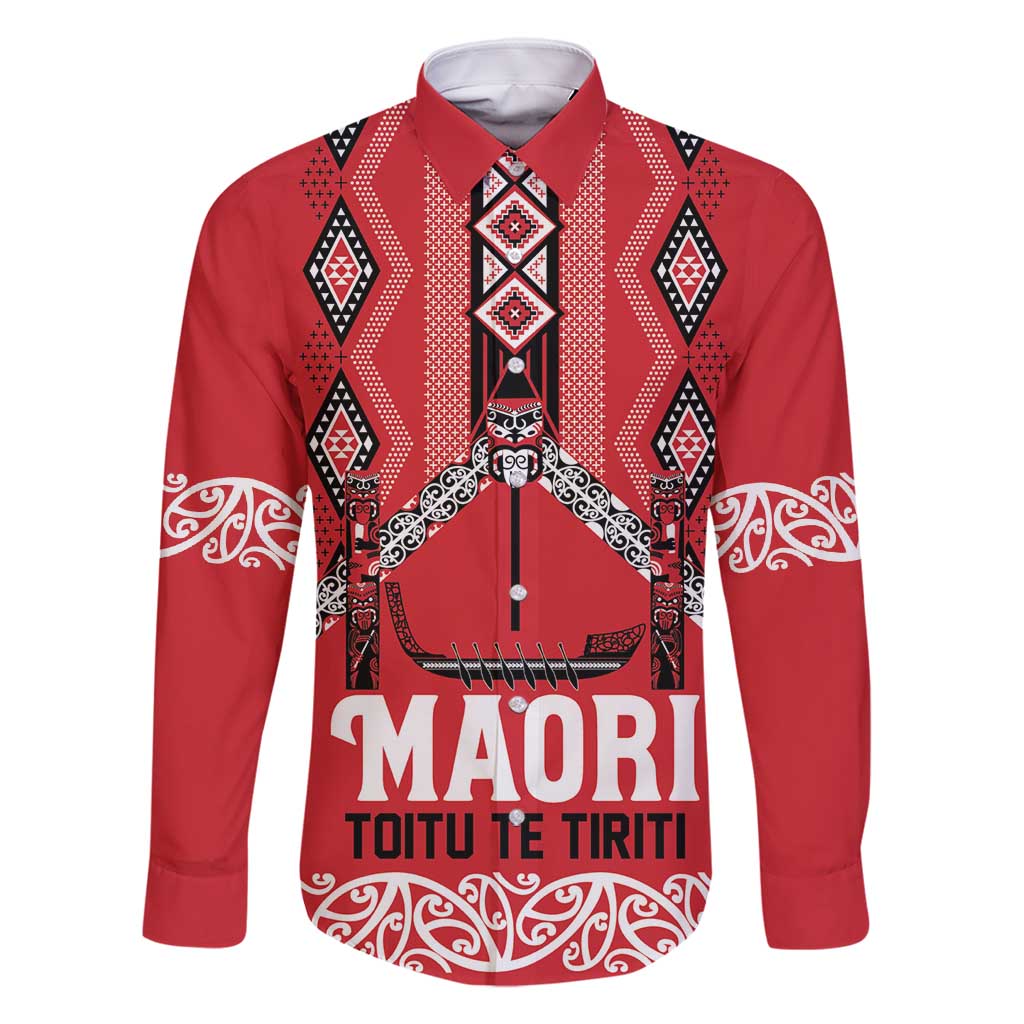 Toitu Te Tiriti Waitangi Family Matching Off Shoulder Short Dress and Hawaiian Shirt Red Wharenui House LT9 Dad's Shirt - Long Sleeve Red - Polynesian Pride