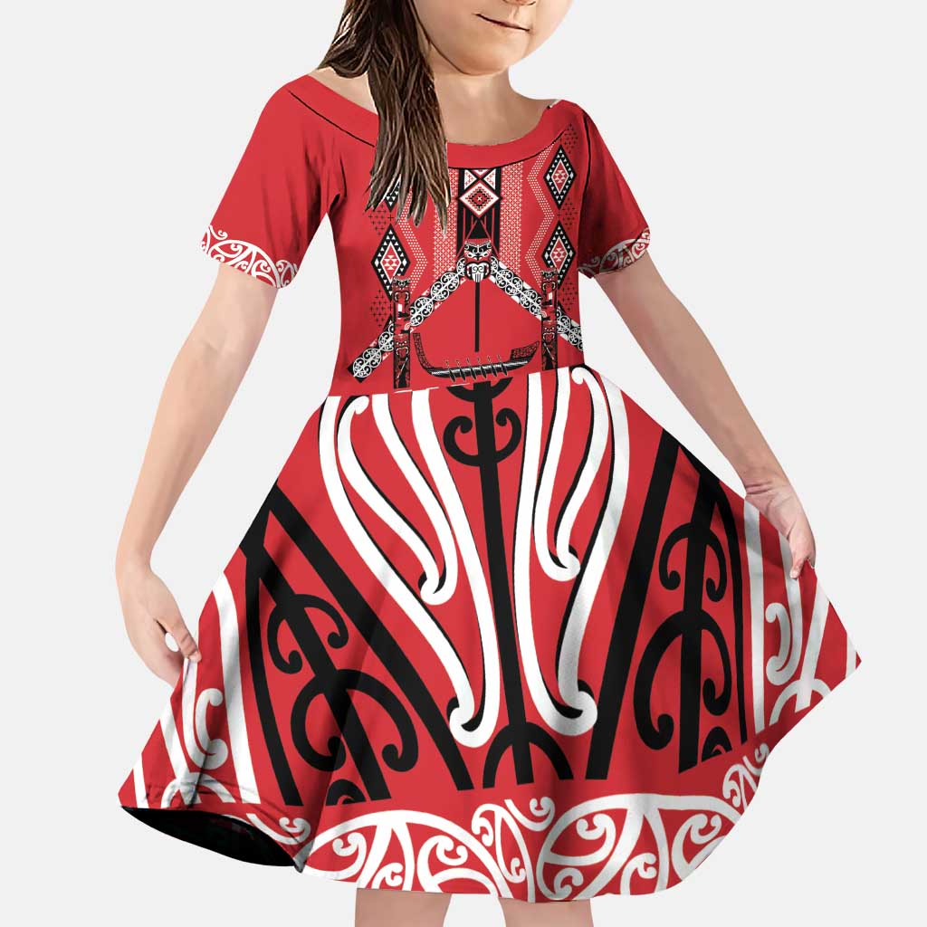 Toitu Te Tiriti Waitangi Family Matching Puletasi and Hawaiian Shirt Red Wharenui House LT9 Daughter's Dress Red - Polynesian Pride