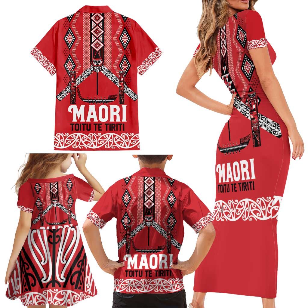 Toitu Te Tiriti Waitangi Family Matching Short Sleeve Bodycon Dress and Hawaiian Shirt Red Wharenui House LT9 - Polynesian Pride