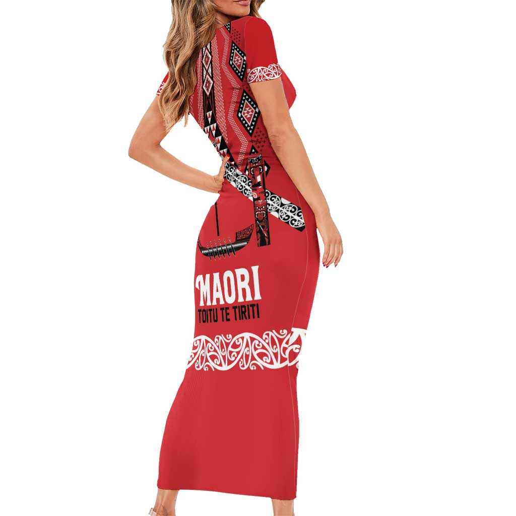 Toitu Te Tiriti Waitangi Family Matching Short Sleeve Bodycon Dress and Hawaiian Shirt Red Wharenui House LT9 - Polynesian Pride