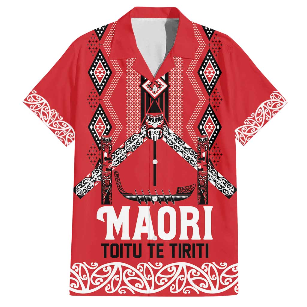 Toitu Te Tiriti Waitangi Family Matching Tank Maxi Dress and Hawaiian Shirt Red Wharenui House LT9 Dad's Shirt - Short Sleeve Red - Polynesian Pride