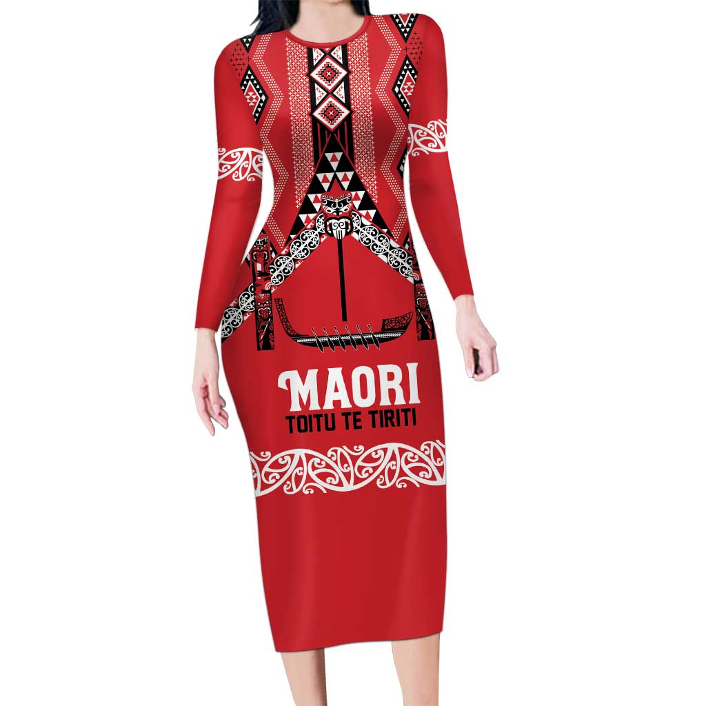 Toitu Te Tiriti Waitangi Long Sleeve Bodycon Dress Red Wharenui House - Polynesian Pride